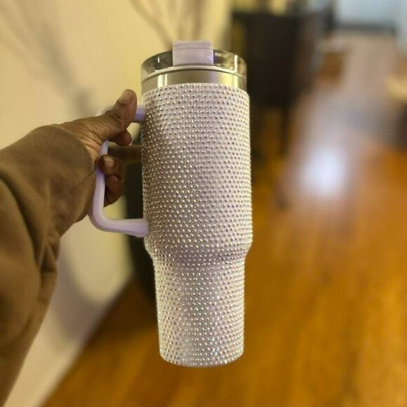 WHITE RHINESTONE 40oz TUMBLER WITH HANDLE- BLING CUP - Picture 6 of 7